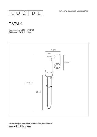Słupek ogrodowy TATUM LED 1x4,5W 3000K IP65 Anthracite 27894/05/29 Lucide